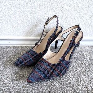 Venus Tweed Pointed Toe Slingback Heels Womens 9 Blue Red Plaid Preppy Corpcore